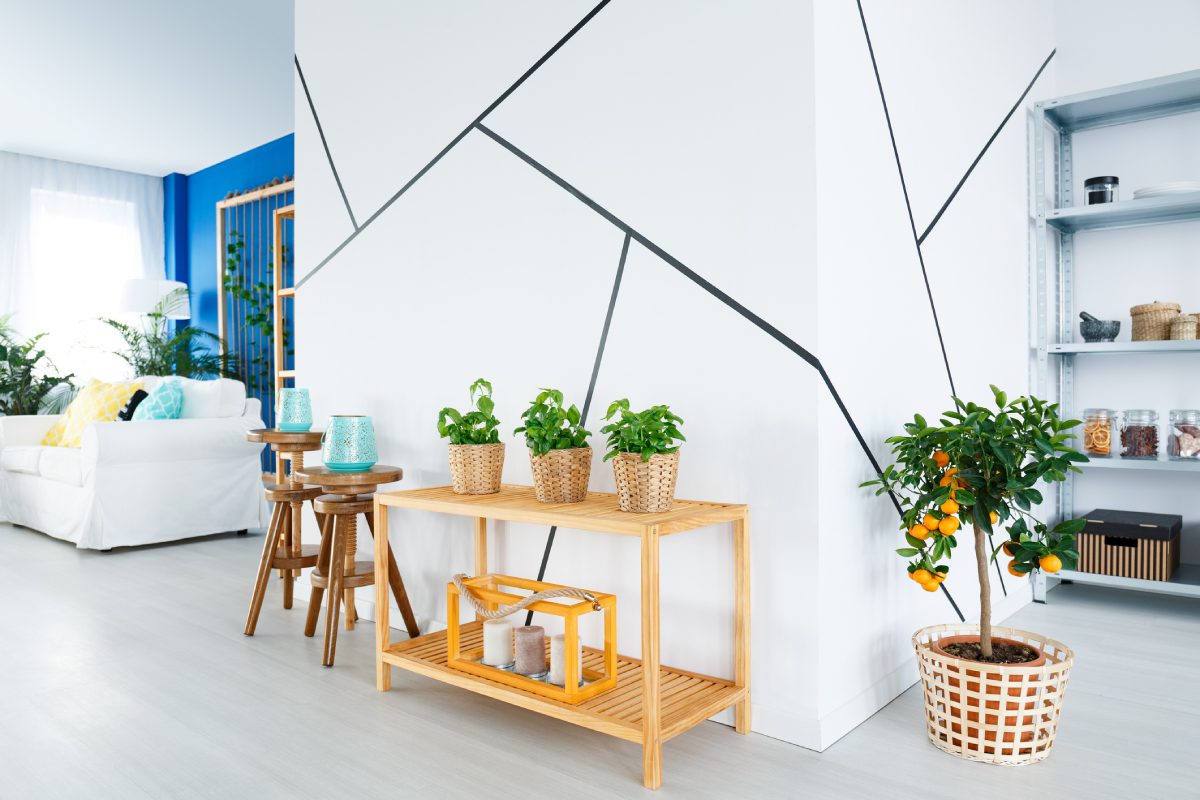 Bright interior with geometric wall design