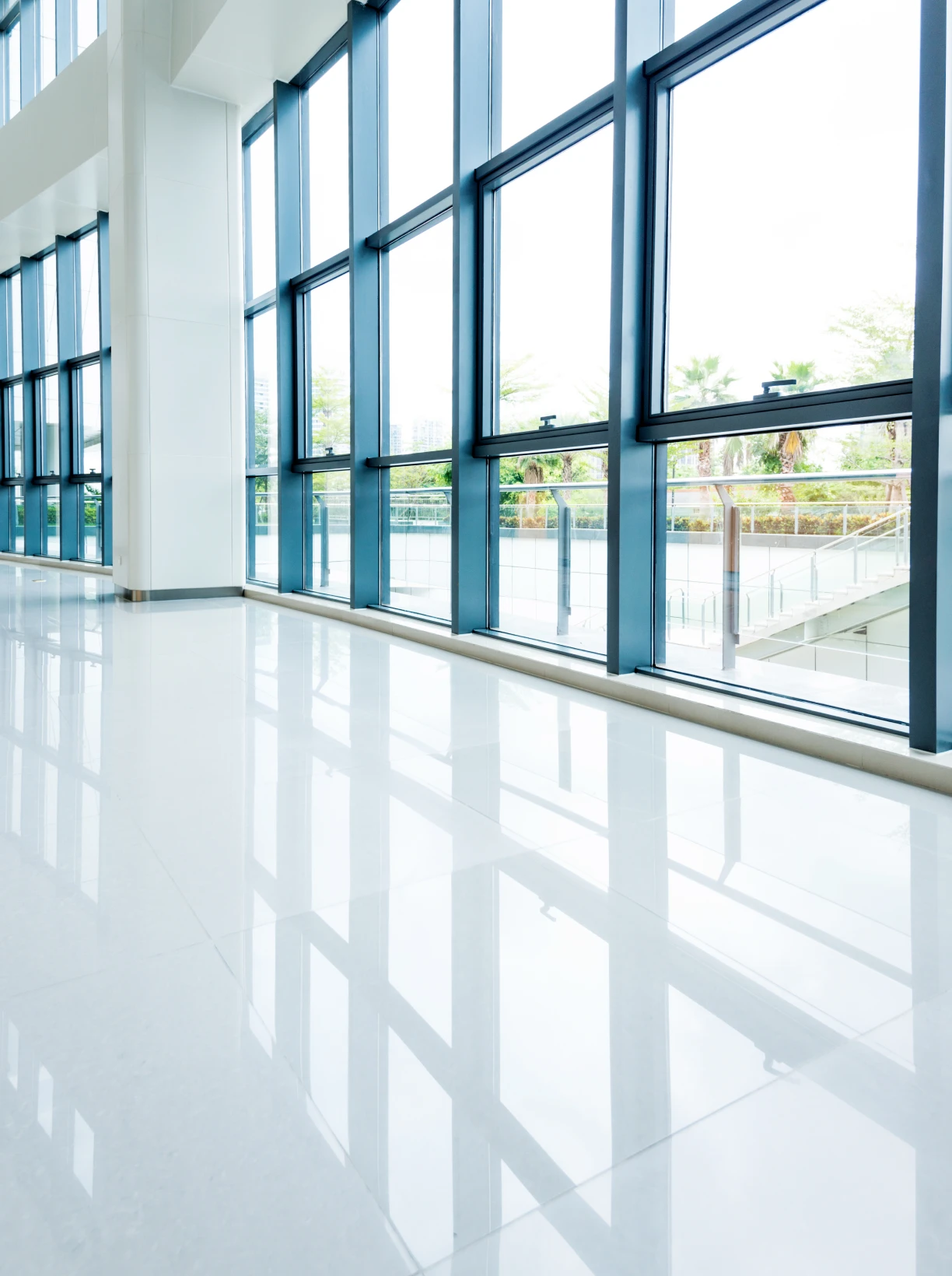 Modern glass windows in bright hallway