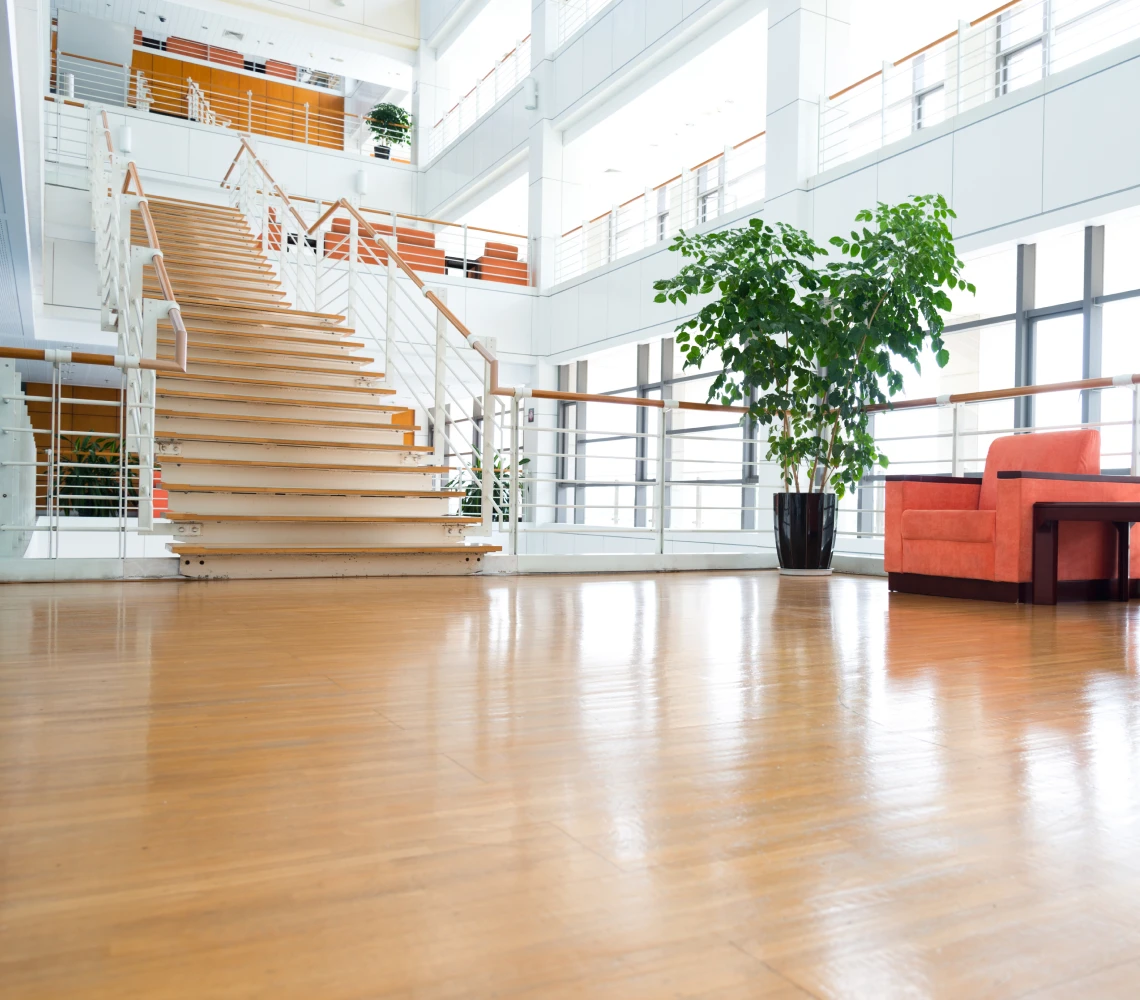 Modern lobby with staircase and plants